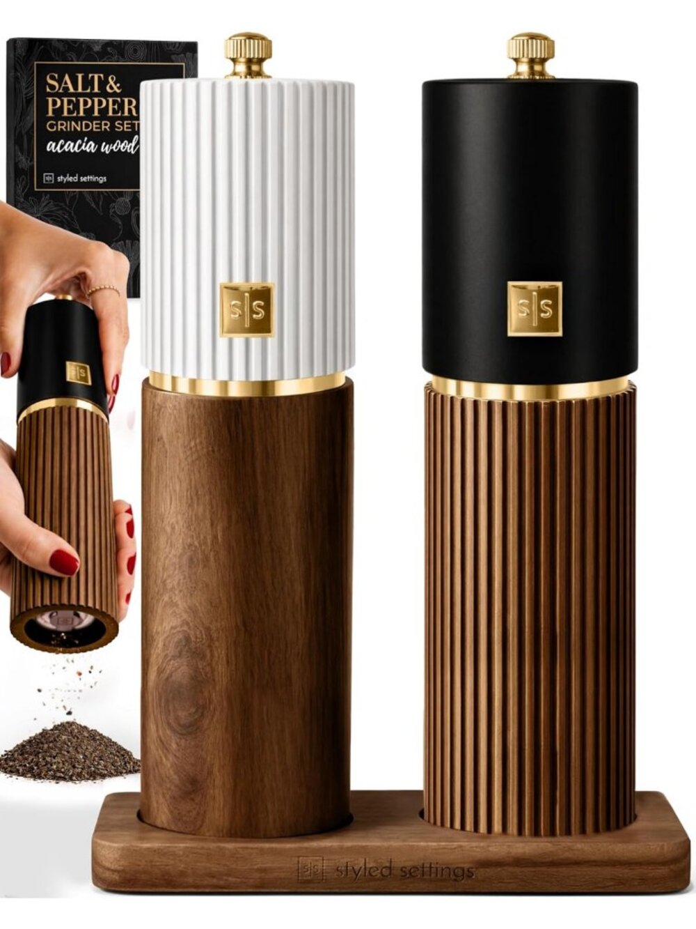 Elegant Wooden Salt & Pepper Grinder Set - White & Black Acacia Kitchen Decor